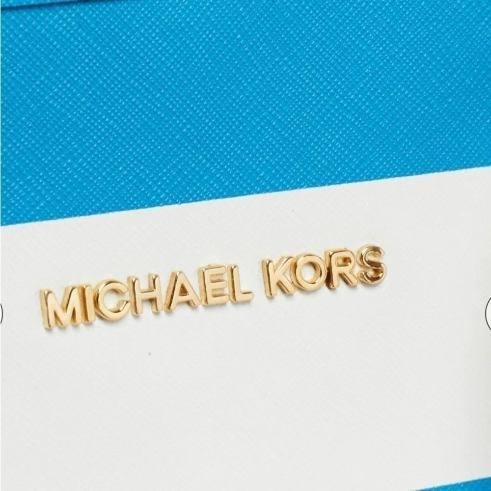 Michael Kors Large Teal White Striped Jet Coated Canvas Leather Tote Bag